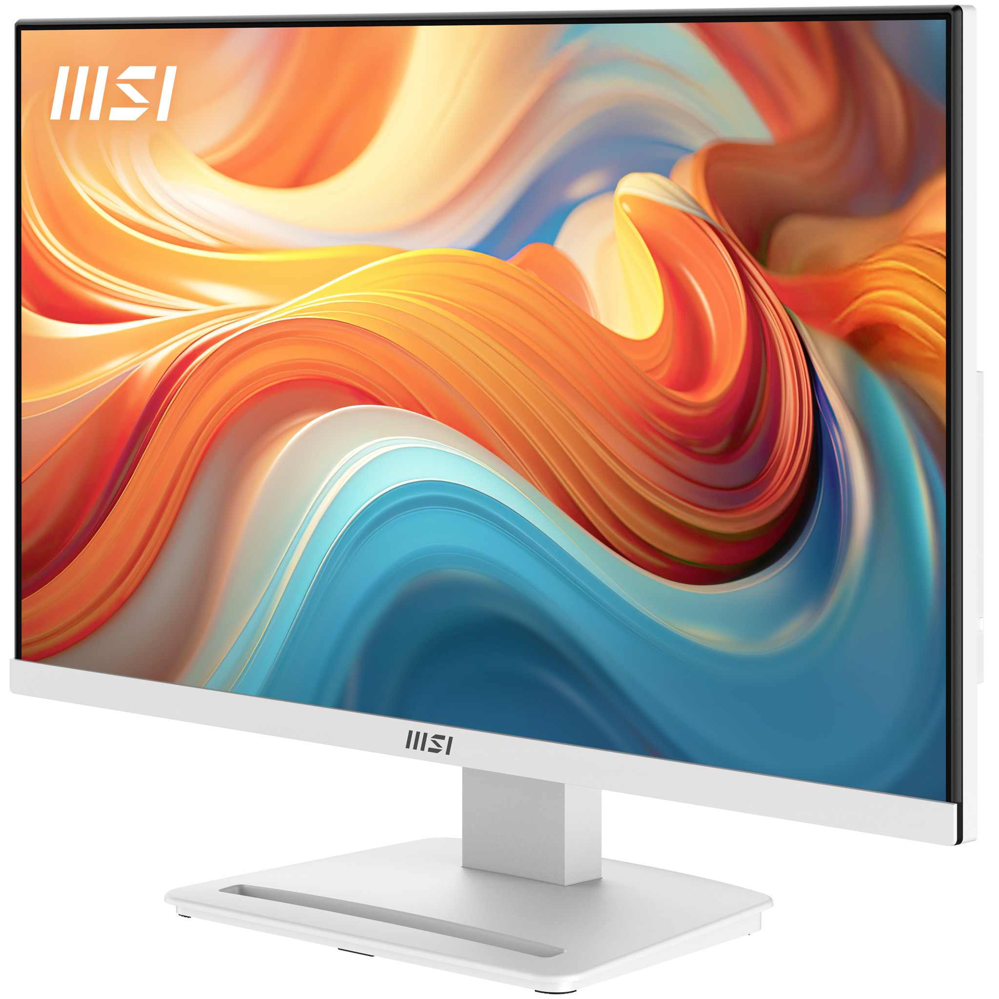 Ein moderner weißer MSI-Monitor mit einem abstrakten, fließenden Hintergrund in Orange-, Blau- und Weißtönen.