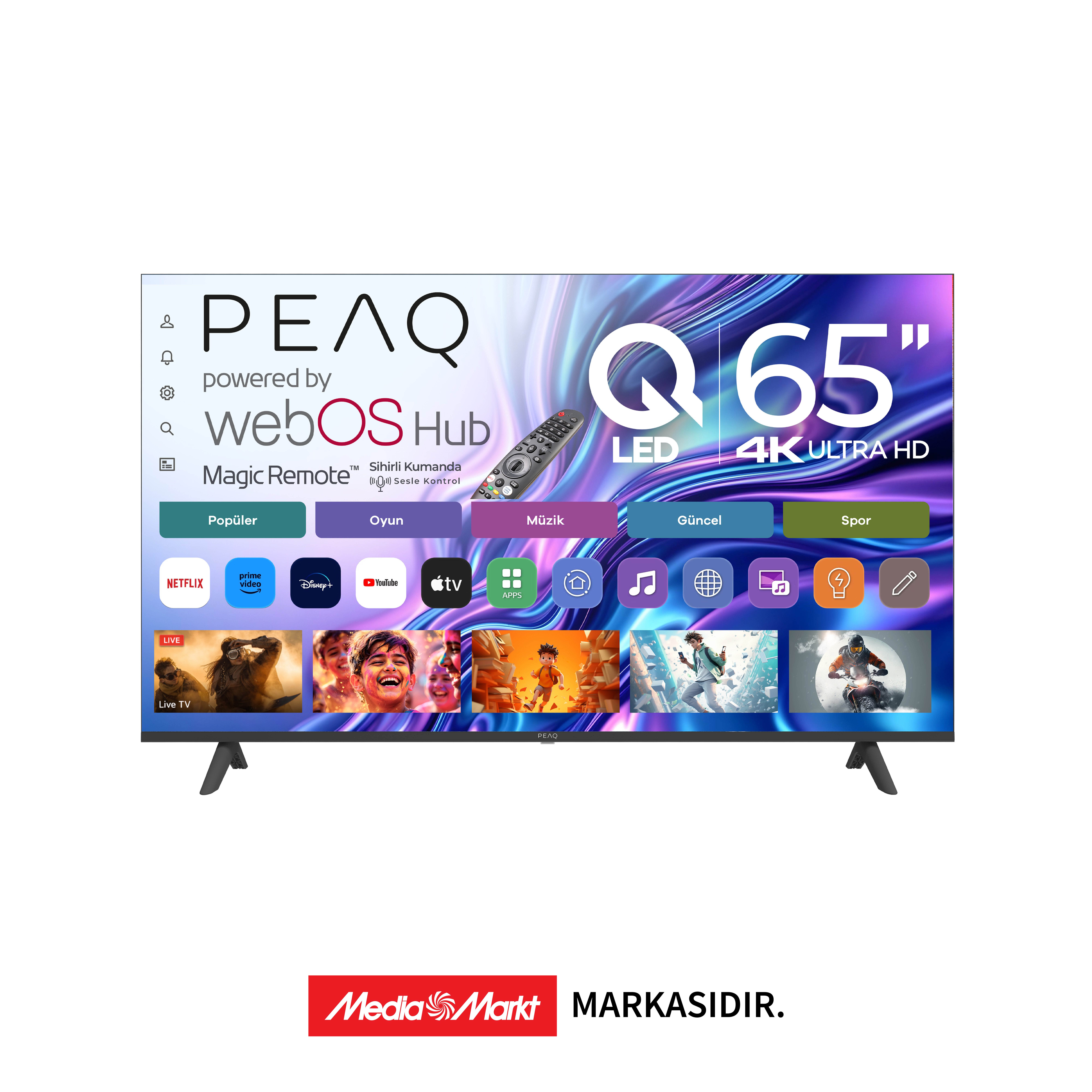 WebOS Hub ve Magic Remote özellikli 65 inç PEAQ QLED 4K TV sergileniyor.