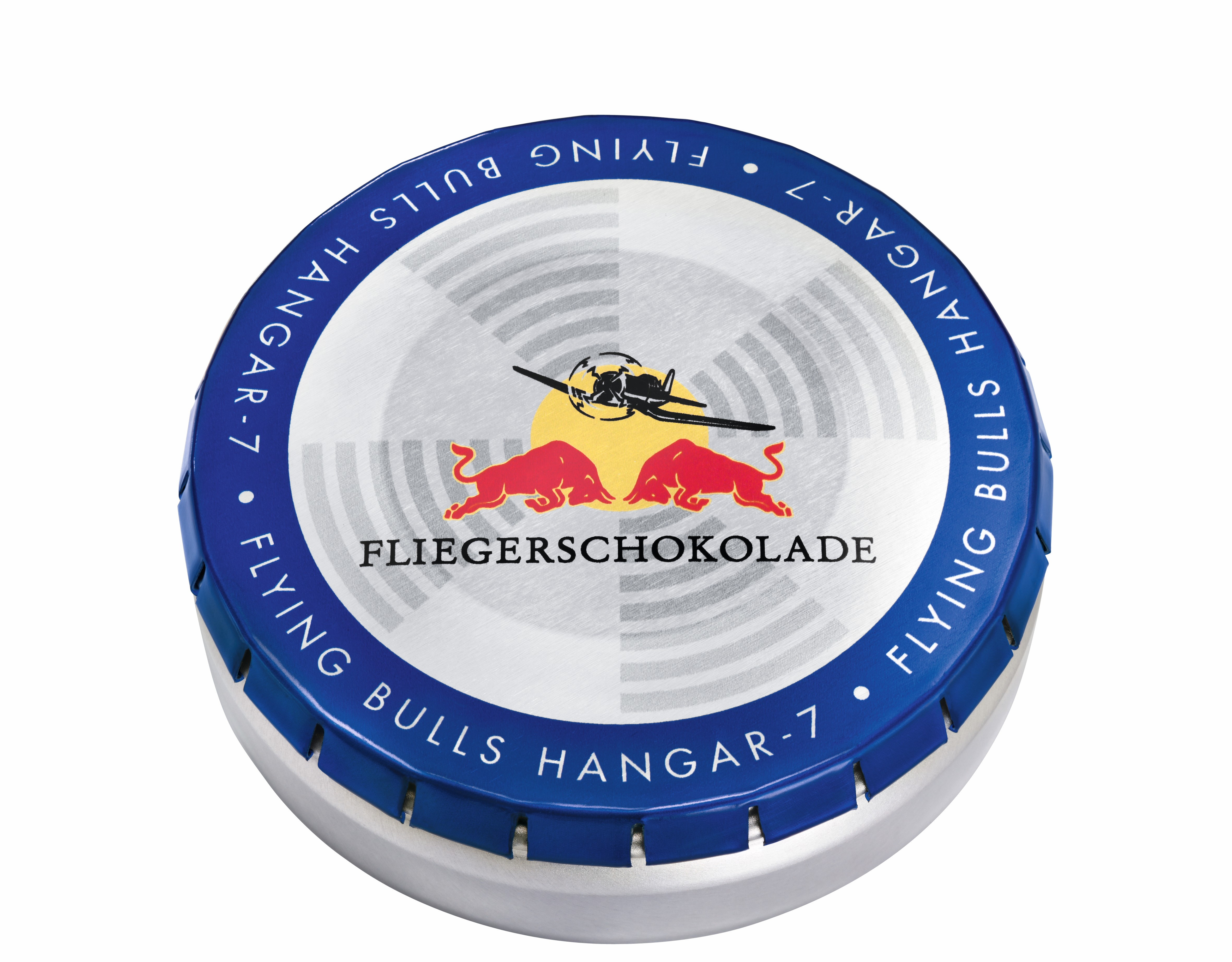 Eine runde Dose mit dem Schriftzug Flying Bulls Hangar-7 und einem Flugzeug.