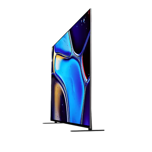 Elegancki, nowoczesny telewizor wyświetlający abstrakcyjne, kolorowe tło.