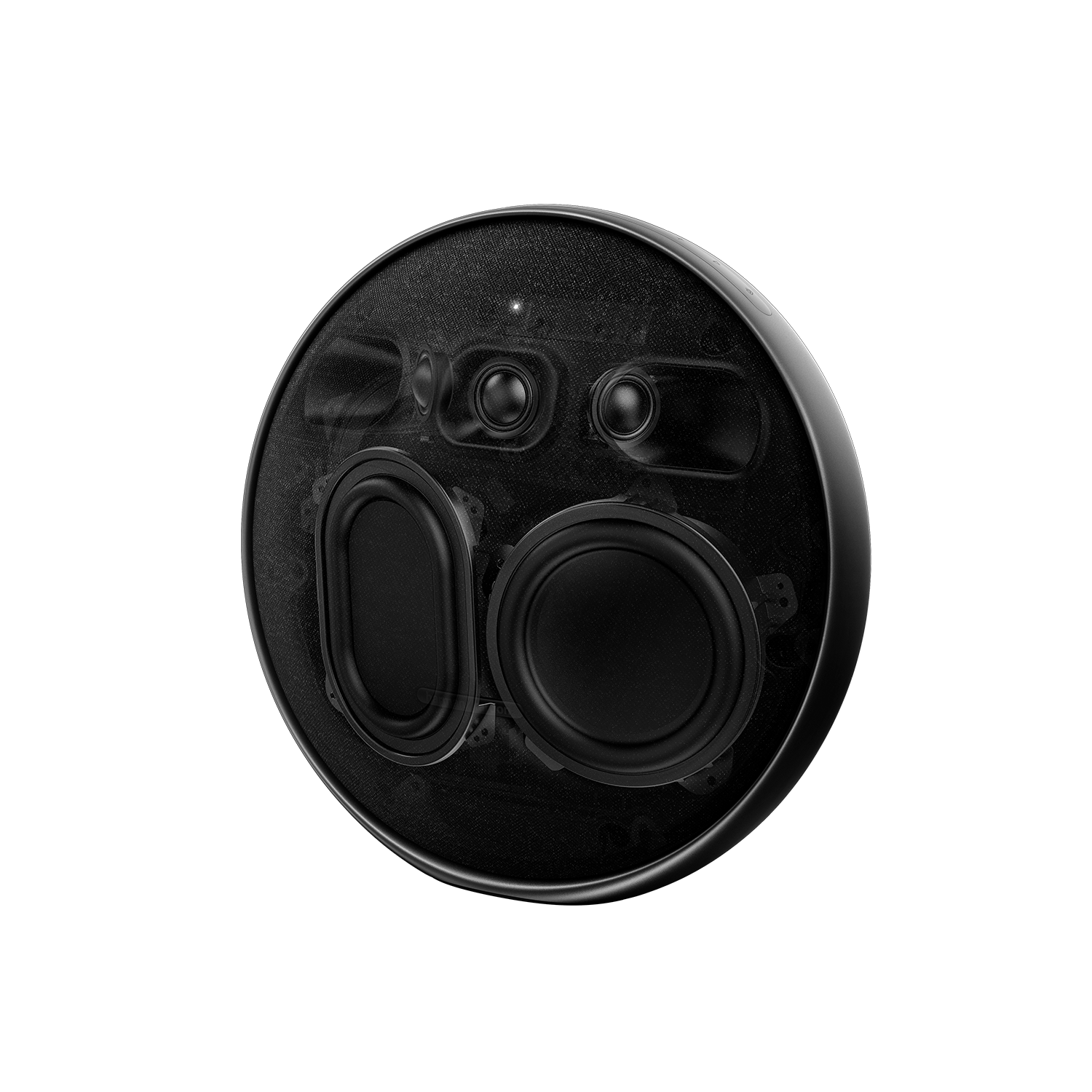 Un altavoz negro con drivers visibles y cubierta de tela.