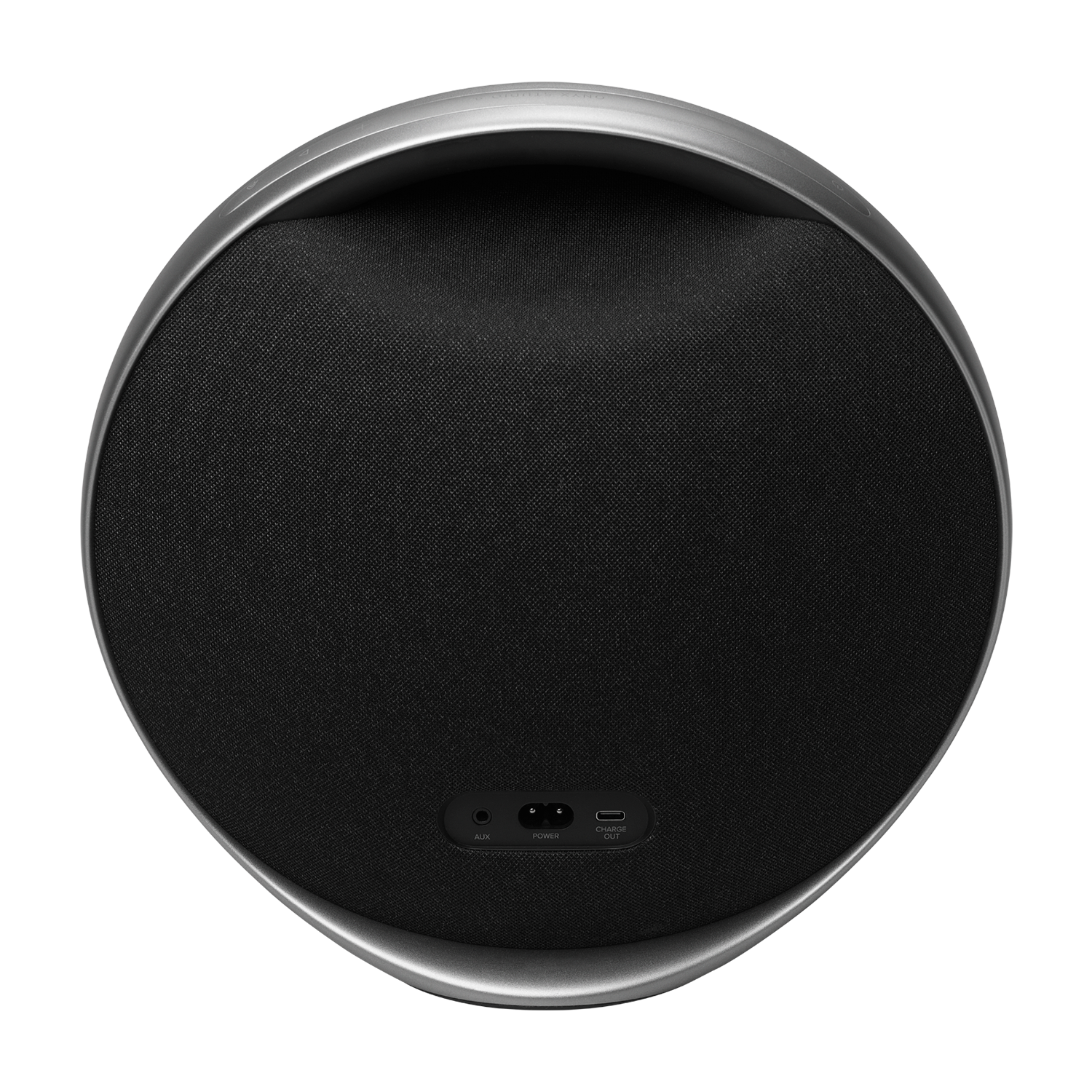 Altavoz negro redondo con marco plateado y puertos abajo.