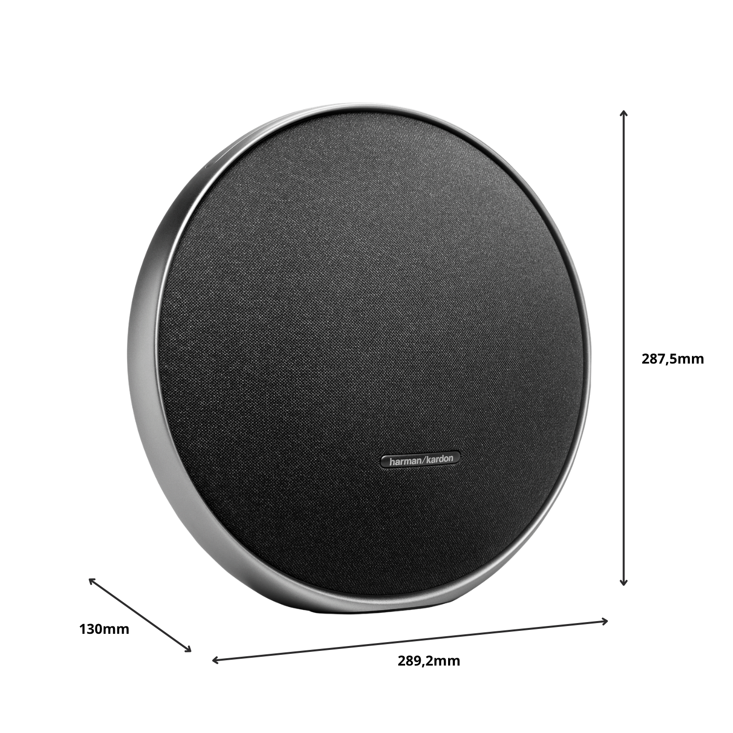 Altavoz redondo negro con borde plateado, dimensiones 289,2 x 287,5 mm.