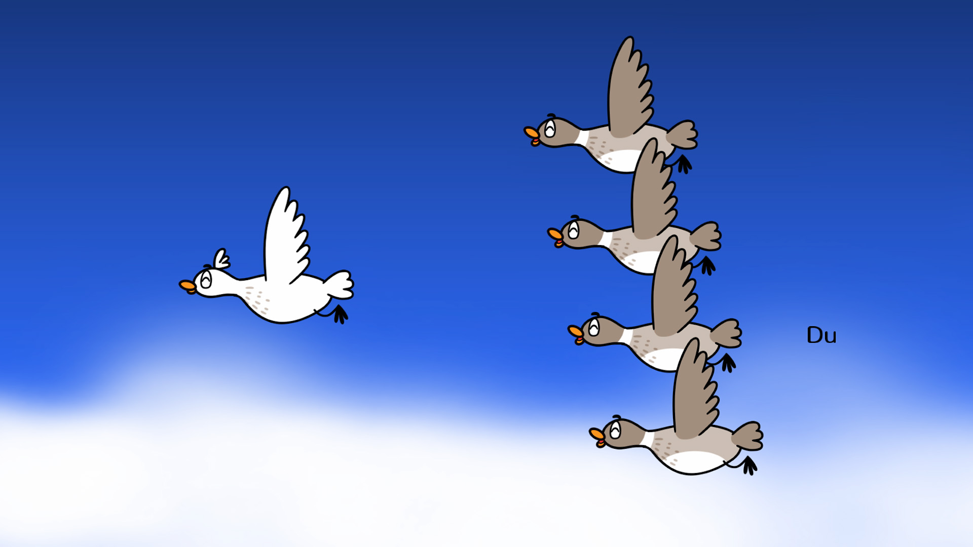 Eine weiße Taube fliegt links, vier braune Enten fliegen rechts im V-Formation.