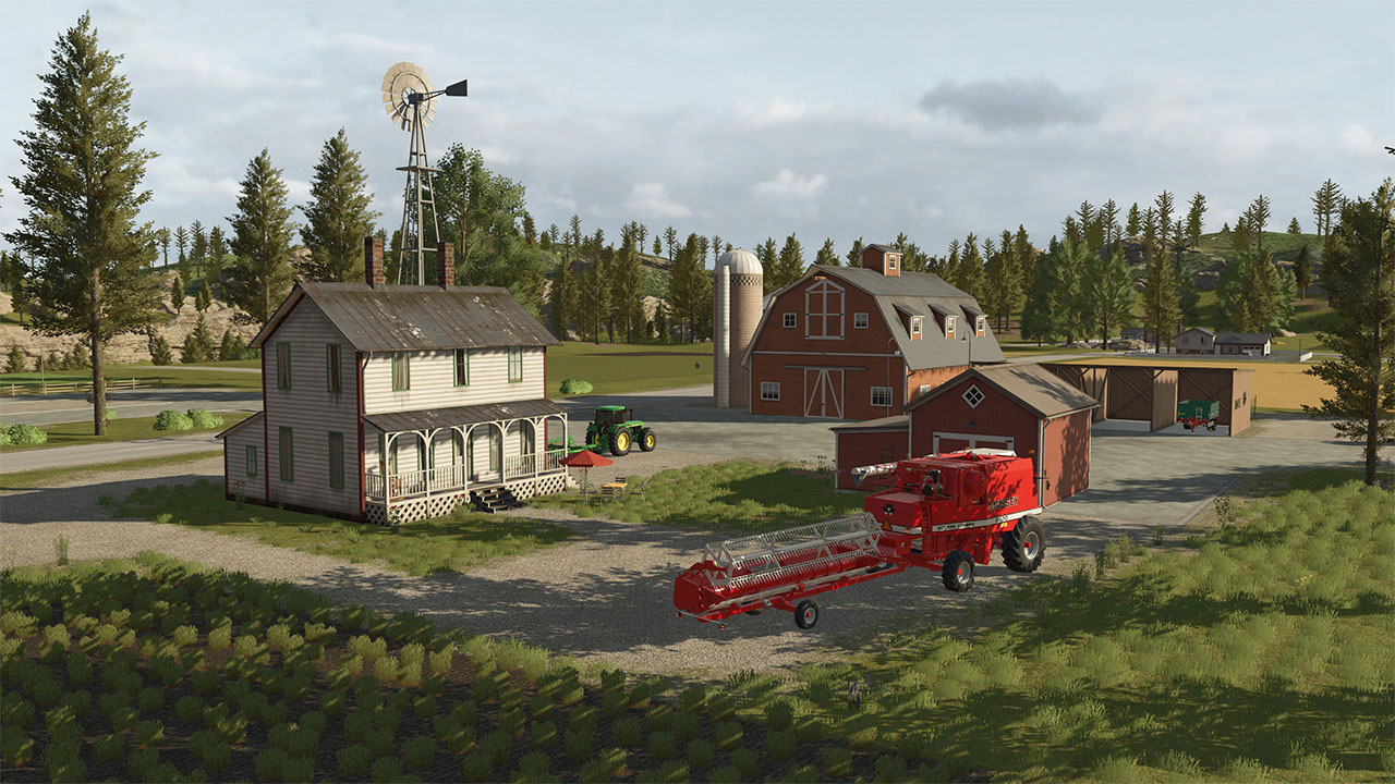 Une ferme avec une maison, une grange, un tracteur, un moulin et une moissonneuse-batteuse.