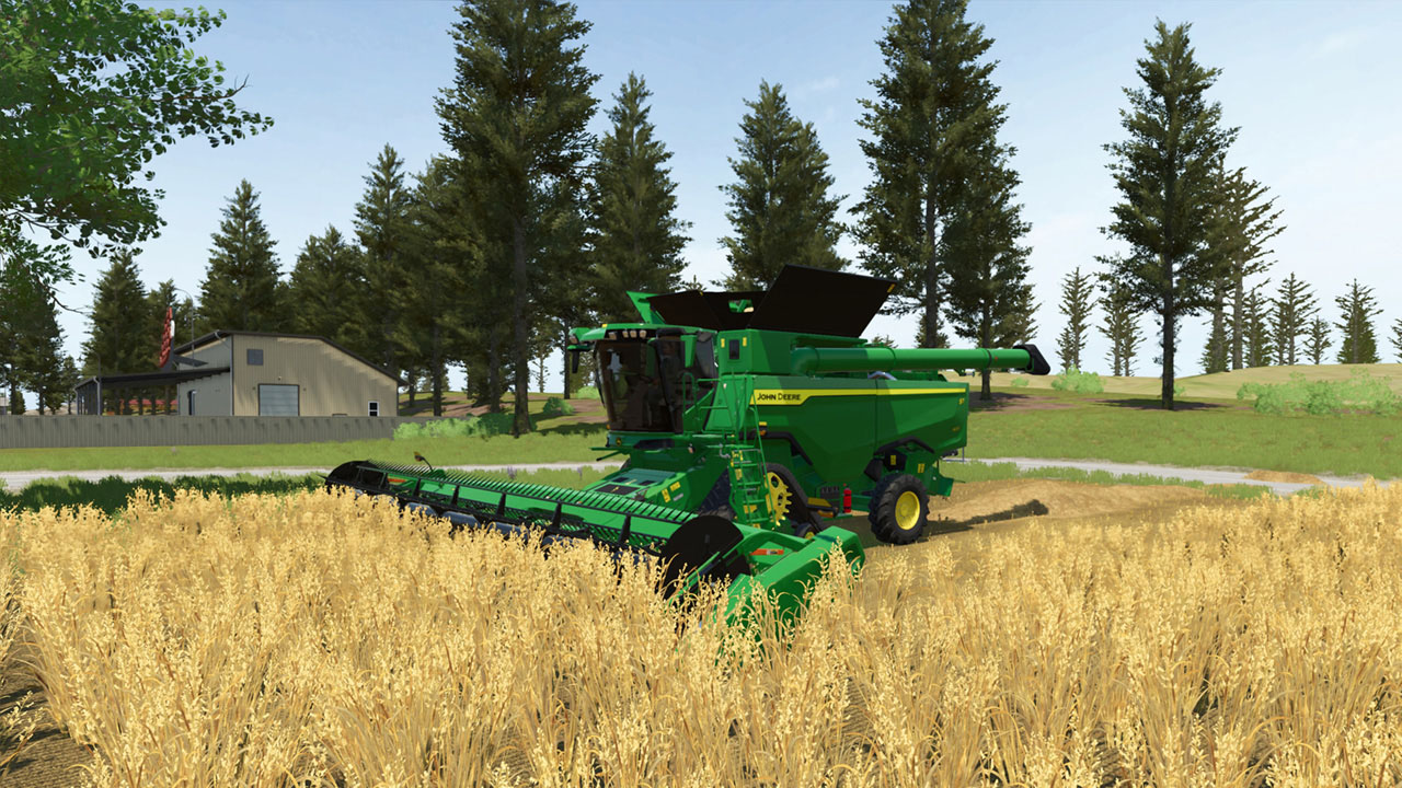 Une moissonneuse-batteuse John Deere verte récolte un champ de blé mûr.