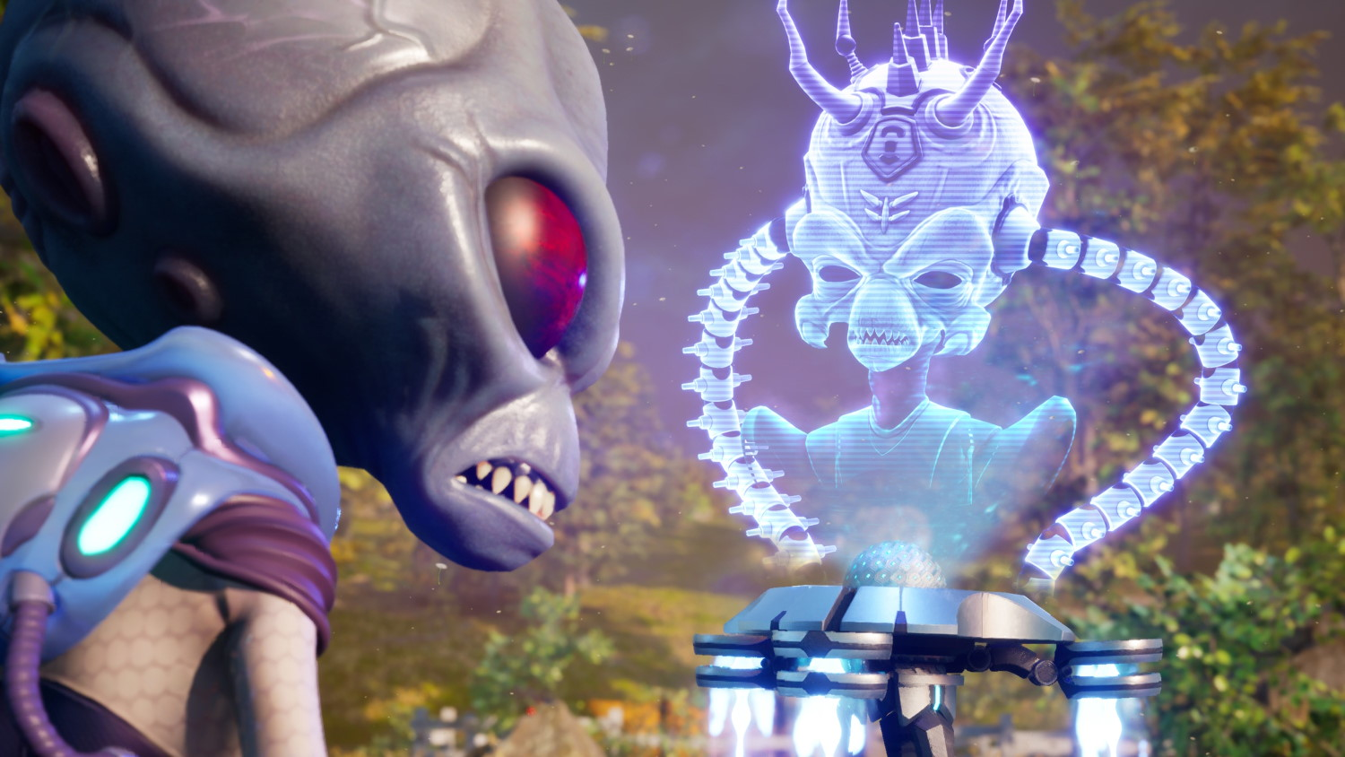 Un extraterrestre gris regarde une figure extraterrestre holographique lumineuse.