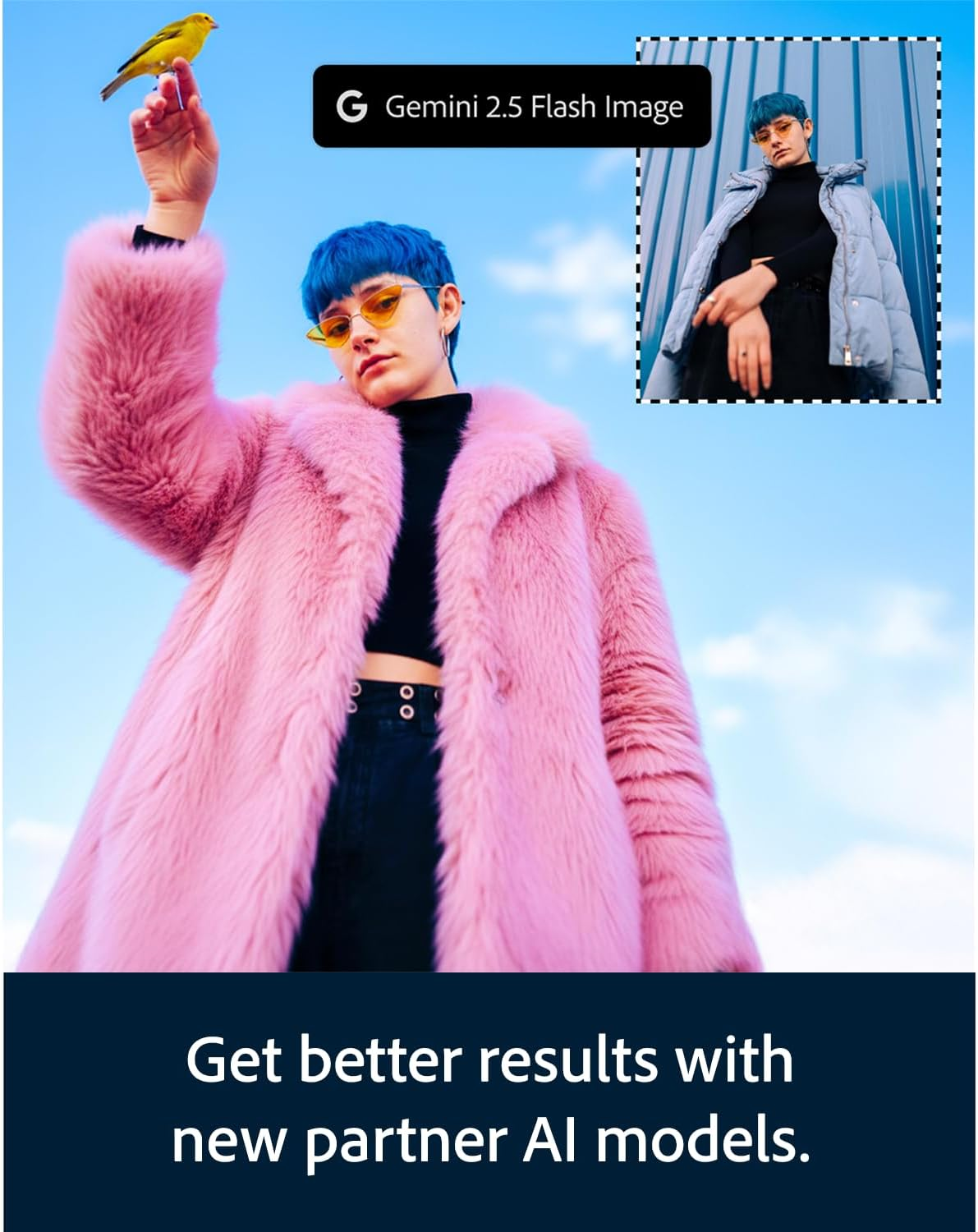 Persona con capelli blu in cappotto di pelliccia rosa tiene uccello giallo.