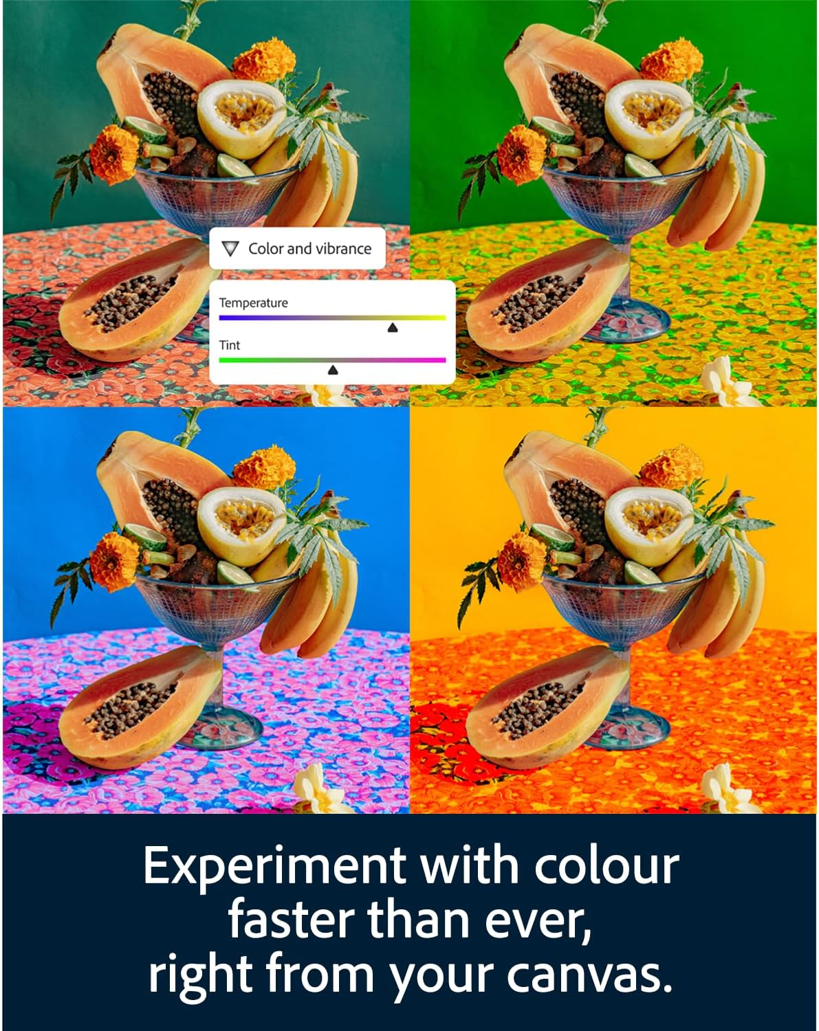 Ciotola di frutta con papaya, frutto della passione e banane su sfondi colorati.