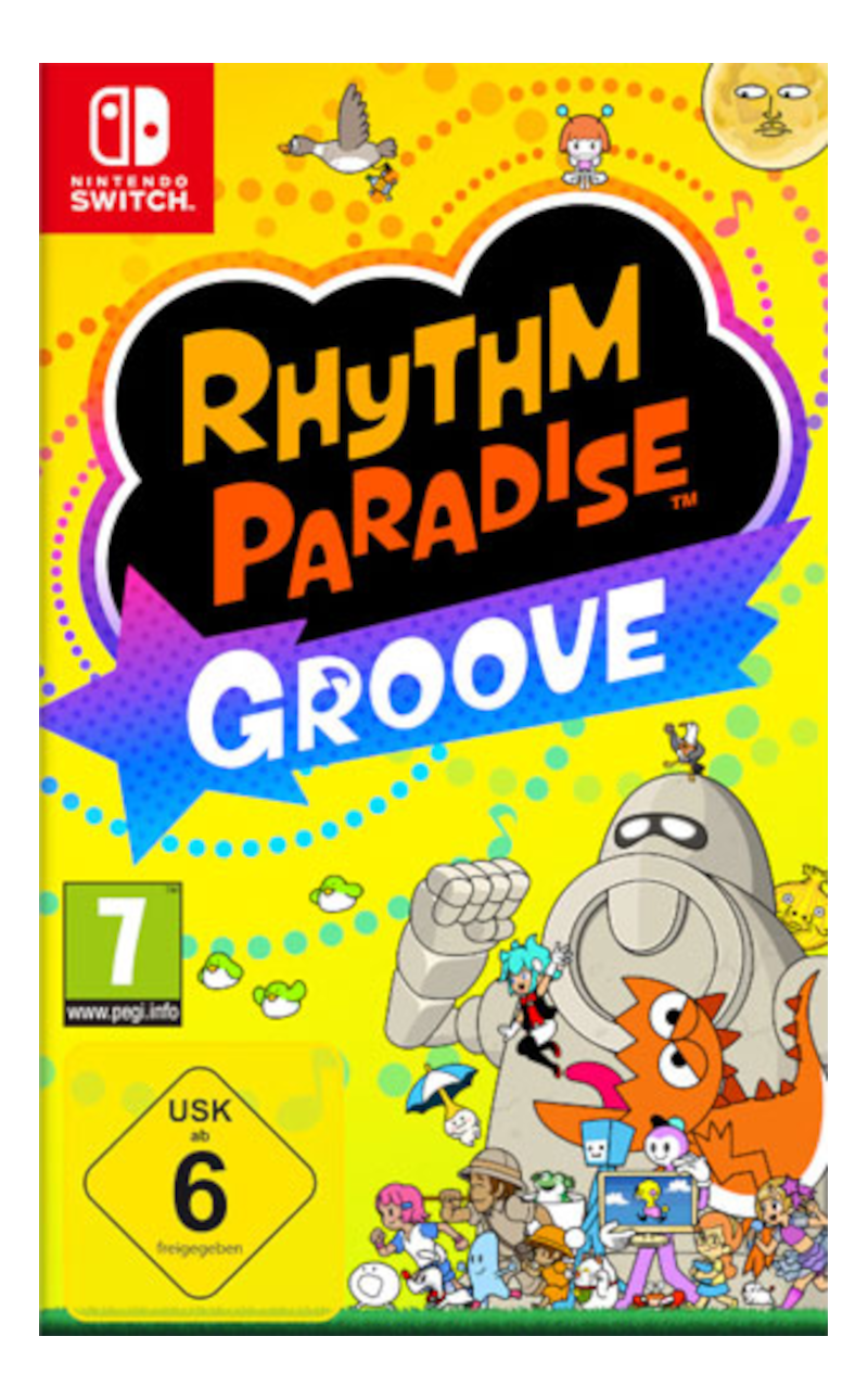 Nintendo Switch Spiel "Rhythm Paradise Groove" mit bunten Charakteren und einem Roboter.