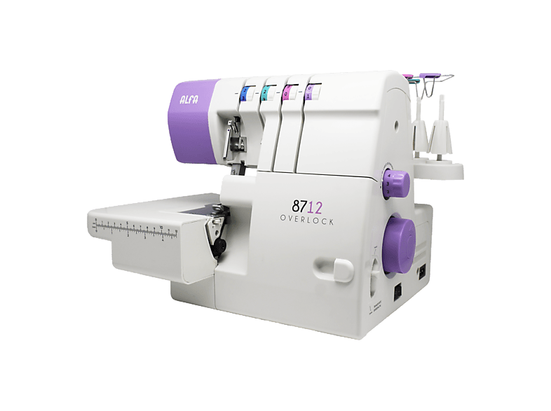 Remalladora - Alfa 8712 2/3/4hilos, Velocidad máxima: 1300 rpm, Motor Servo 100 W, Asa para transporte, Blanco y morado