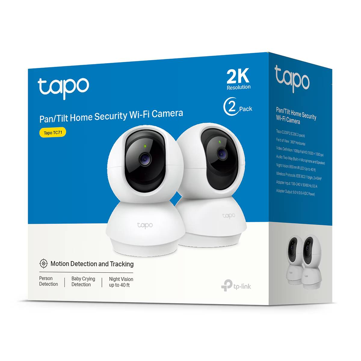 Caja de dos cámaras de seguridad Wi-Fi Tapo con resolución 2K y visión nocturna.