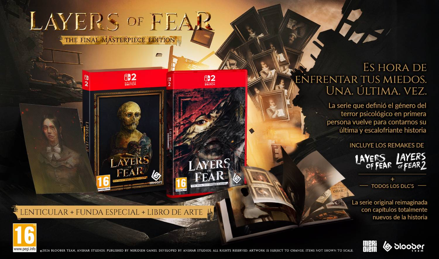 Layers of Fear: Edición Final Masterpiece para Nintendo Switch, con arte de caja y libro de arte espeluznantes.