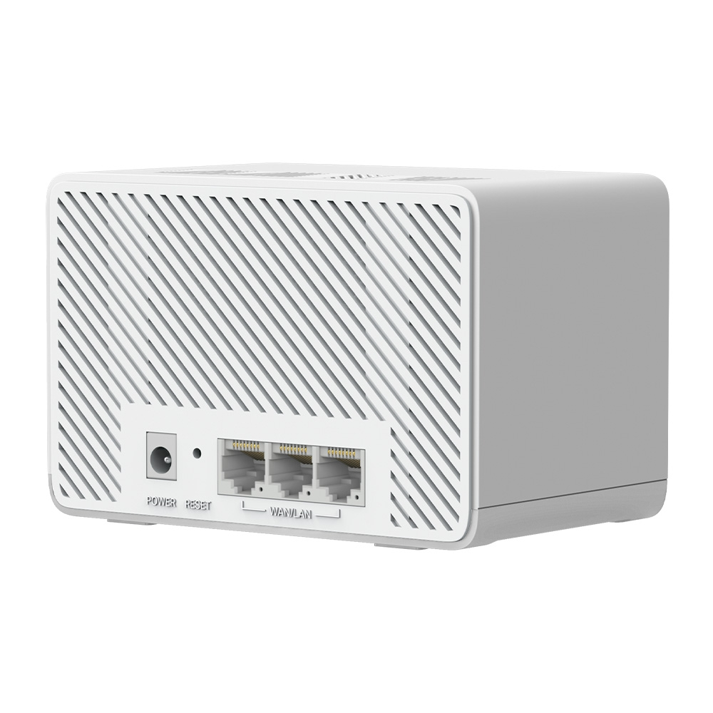 Un router blanco con rejillas de ventilación y puertos para alimentación, reinicio y LAN.
