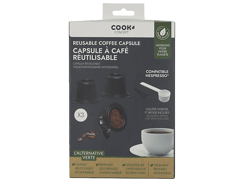 Cápsulas monodosis reutilizables - CMP París KA4556, 3 capsulas de polipropileno café, Compatible con Nespreso, Negro
