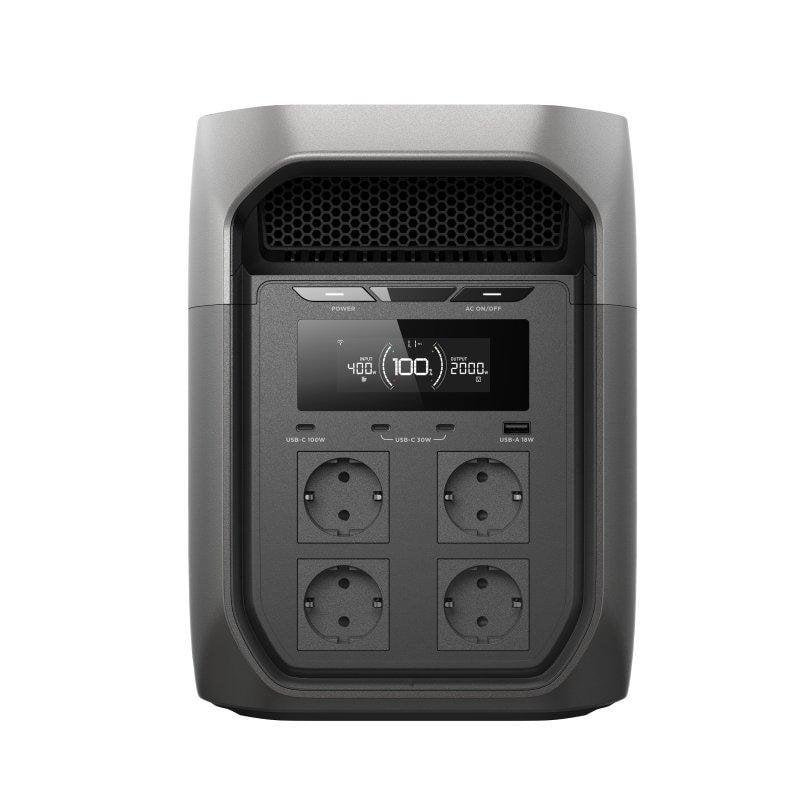 Una central eléctrica gris con una pantalla que muestra 400W, 100% y 2000 vatios.