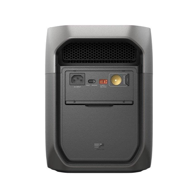 Parte trasera de una central eléctrica gris con puertos: entrada AC, USB, salida 12V.