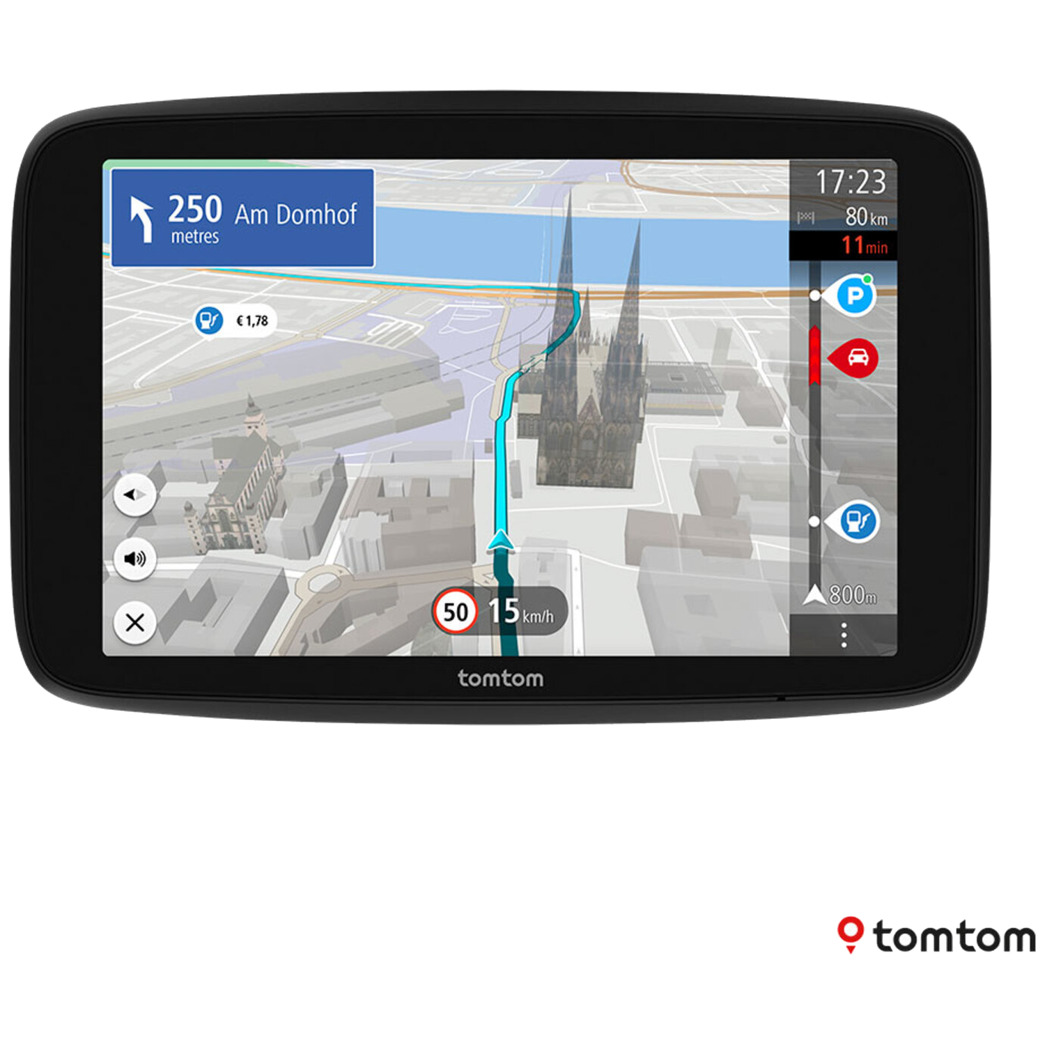 TomTom navigatie toont route naar Domhof, 250m, 50km/u limiet.