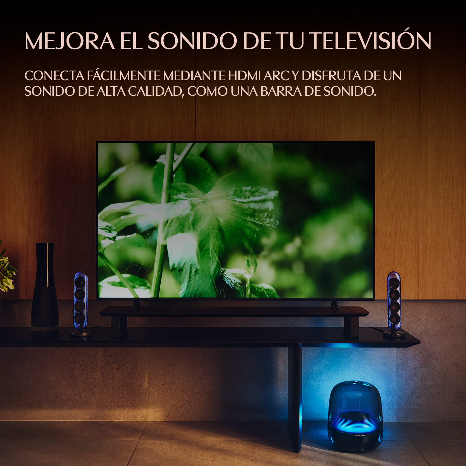 MEJORA EL SONIDO DE TU TELEVISIÓN. CONECTA FÁCILMENTE MEDIANTE HDMI ARC Y DISFRUTA DE UN SONIDO DE ALTA CALIDAD, COMO UNA BARRA DE SONIDO.