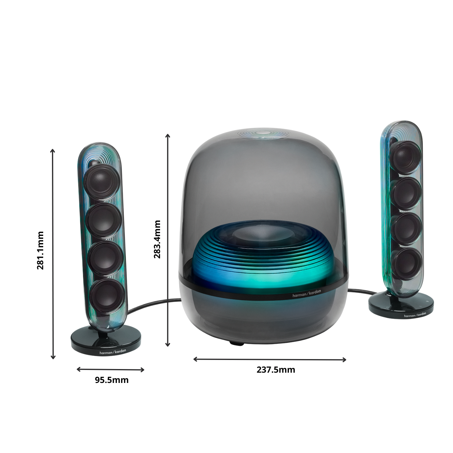 Un sistema de sonido Harman Kardon con un subwoofer y dos altavoces elegantes.