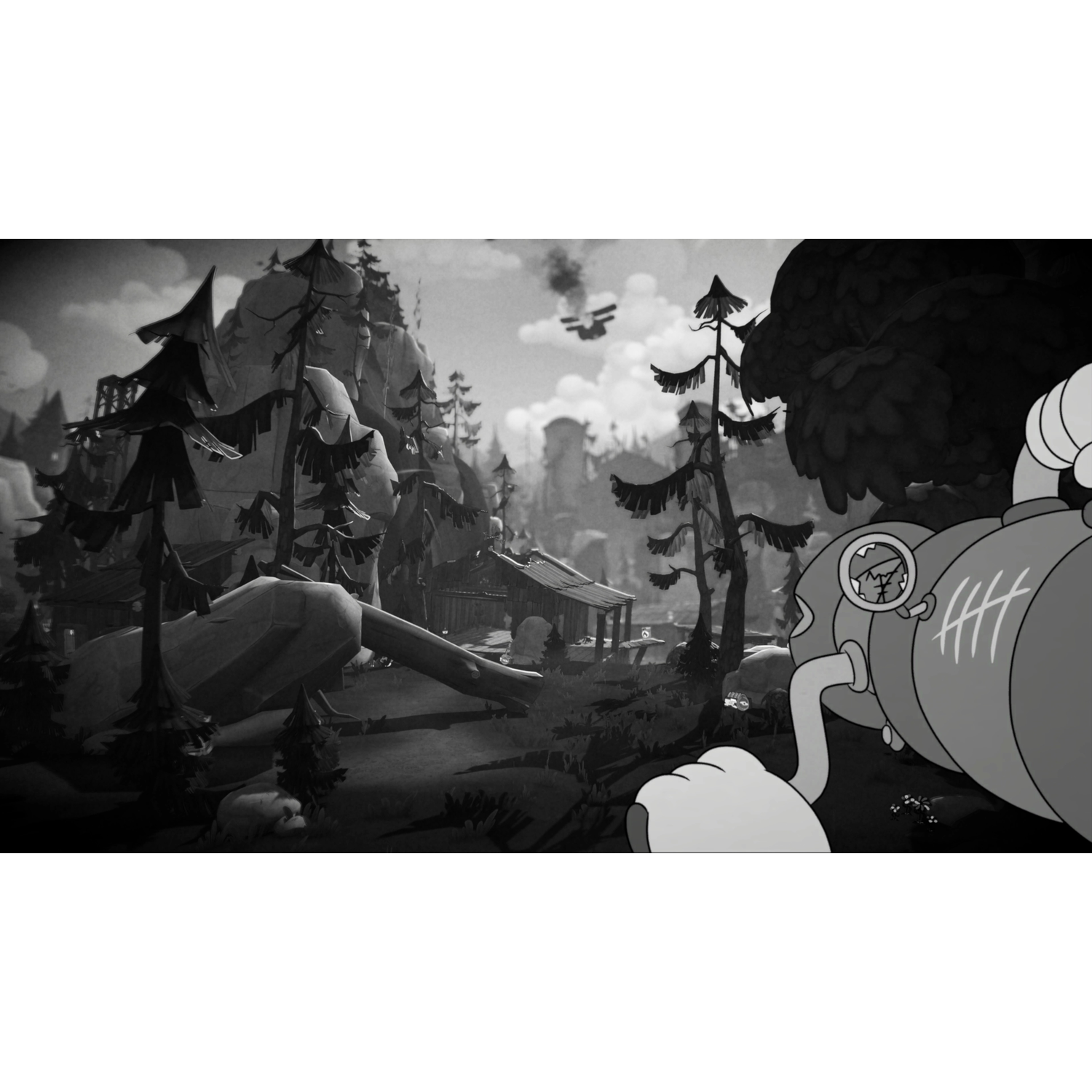 Een cartoonvliegtuig vliegt over een landschap met een reusachtige man en bomen.