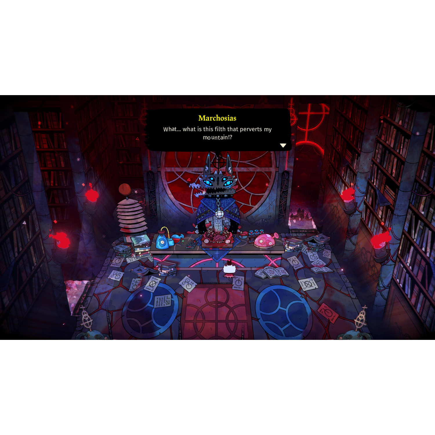 Een wolfpersonage spreekt in een kamer vol boekenplanken en occulte symbolen.