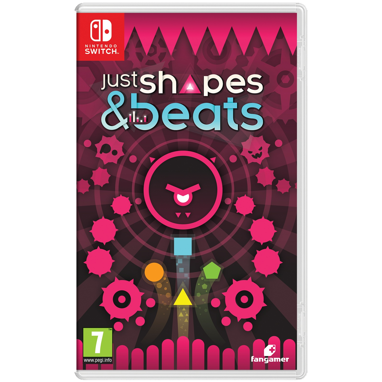 Nintendo Switch game Just Shapes & Beats hoes met geometrische vormen en een gezicht.
