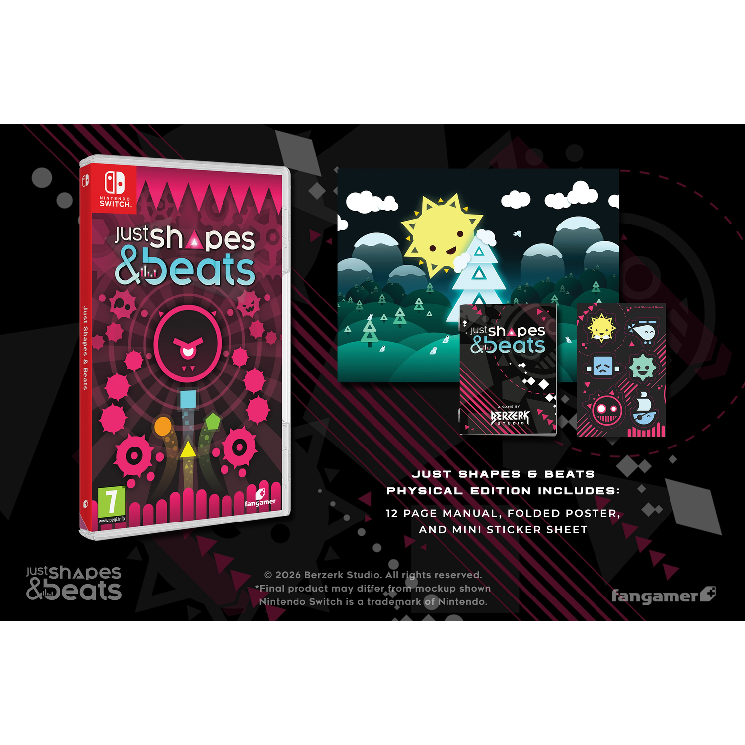 Nintendo Switch spel 'Just Shapes & Beats' met poster en stickers.