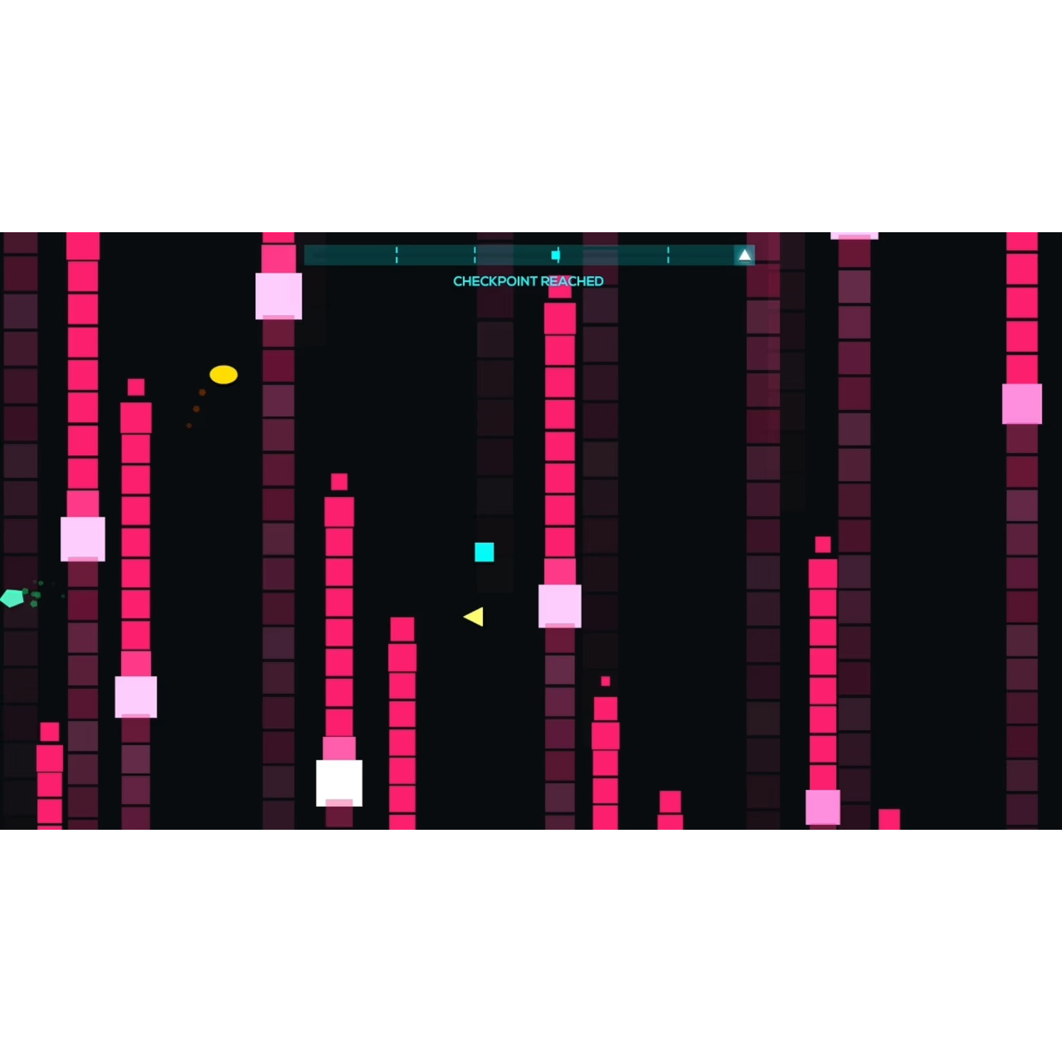 Een abstract spel met neon vormen op een zwarte achtergrond. Rode blokken vormen verticale kolommen.