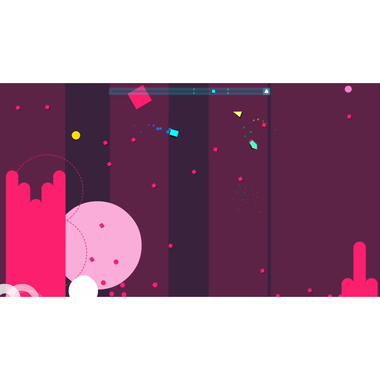 Abstracte vormen in roze en paars op een donkere achtergrond met game-elementen.