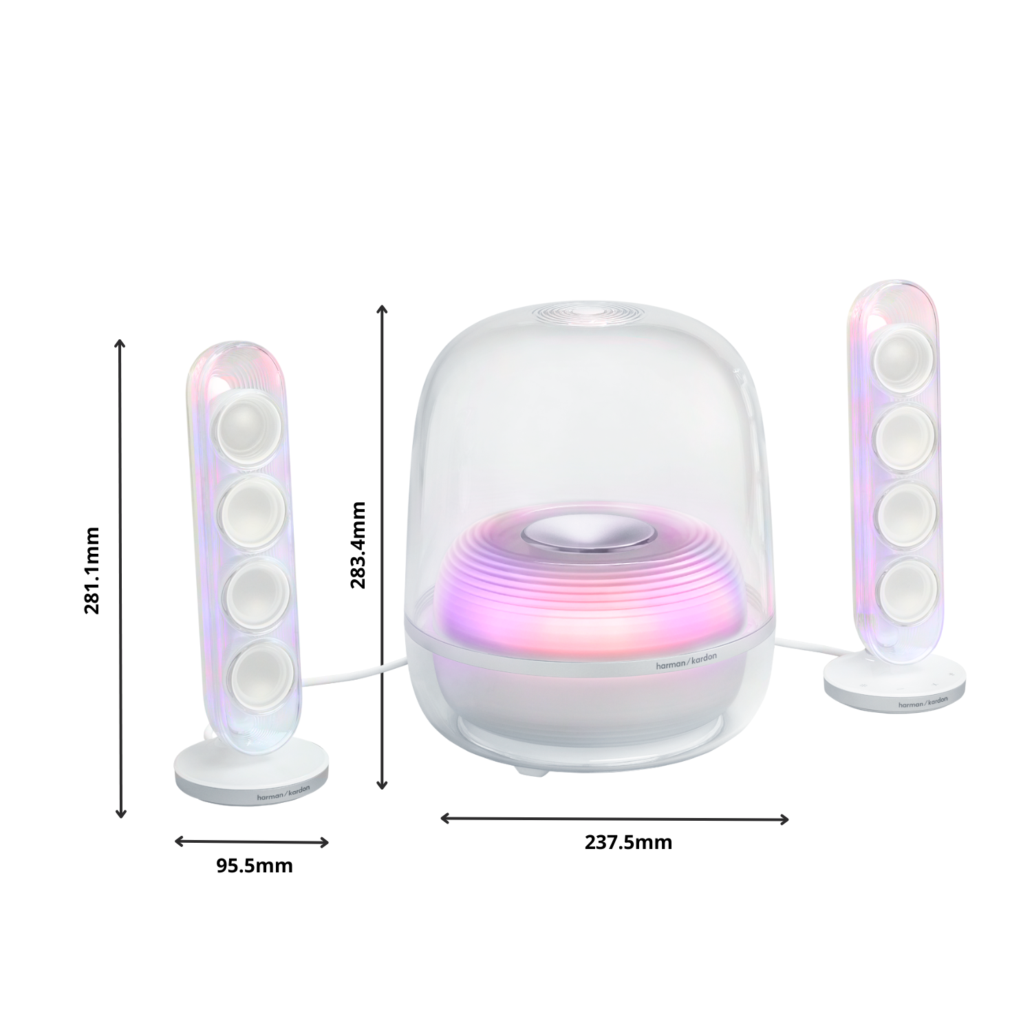Dos altavoces delgados y un subwoofer central con efectos de luz.