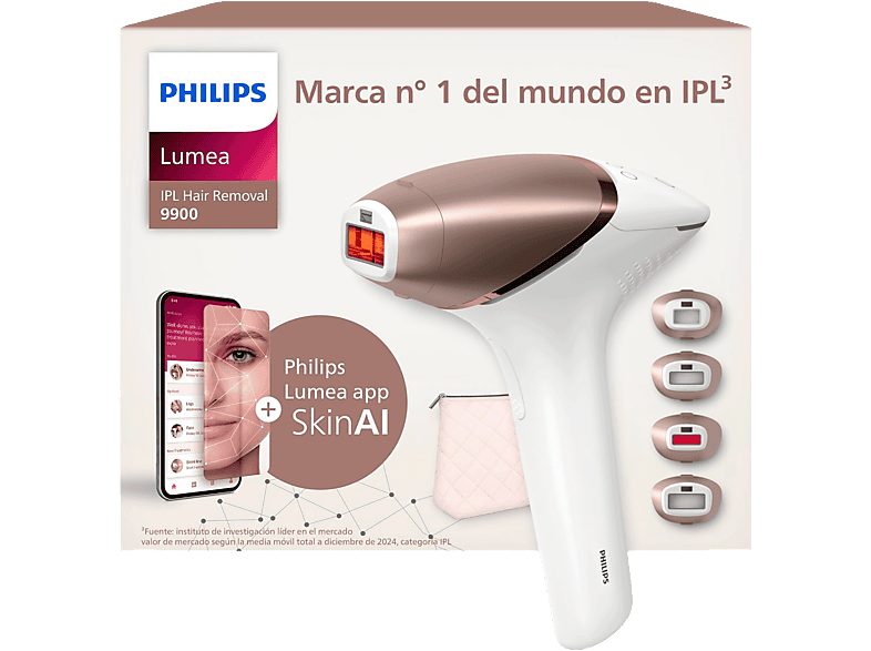 Depiladora IPL - Philips Lumea S9900 BRI951/01, Luz Pulsada en Casa, Con SkinIA y app, Uso Sin Cable, 4 cabezales, Sensor de Piel Inteligente