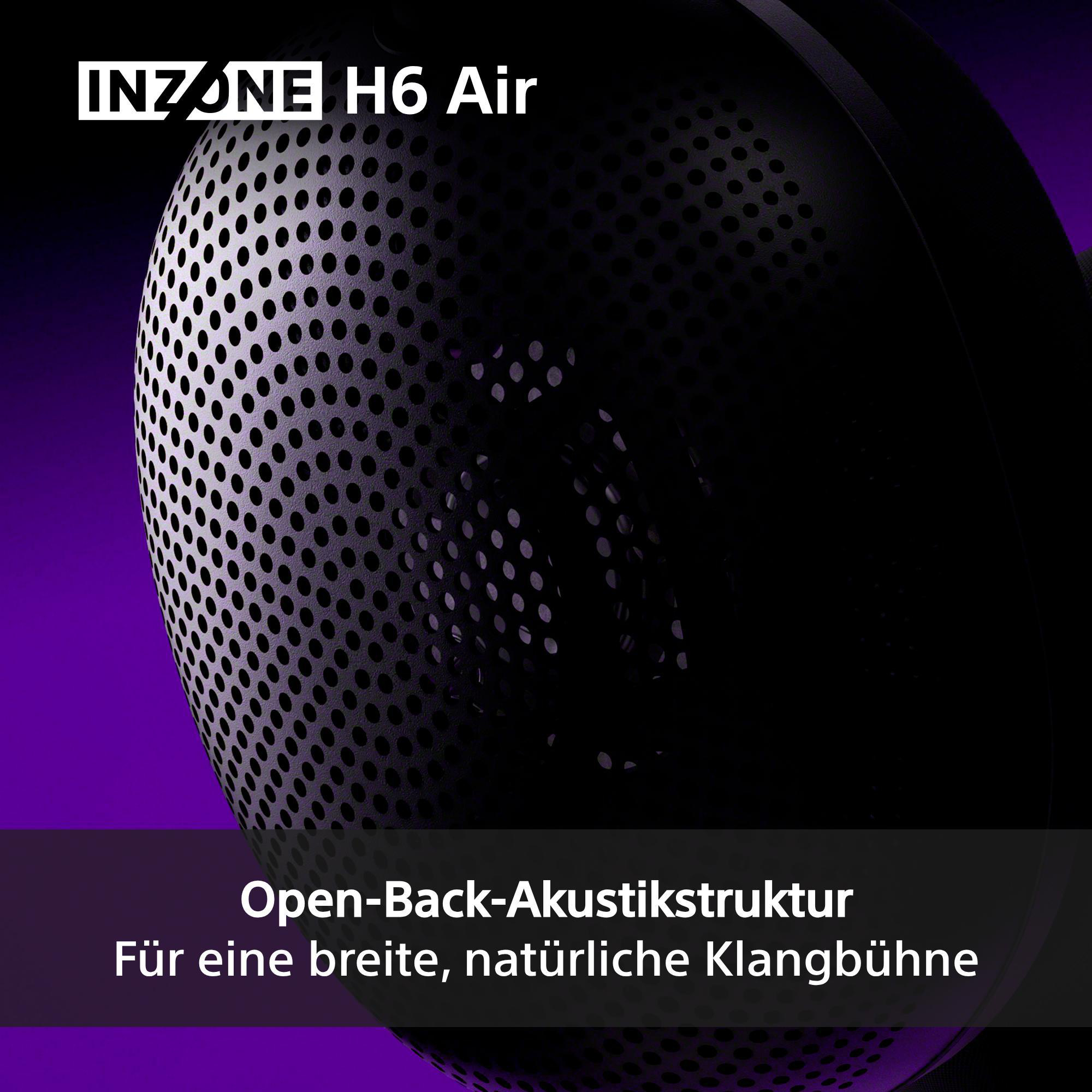 Schwarzer Kopfhörer mit offenem Design und lila Hintergrund. Text: INZONE H6 Air.