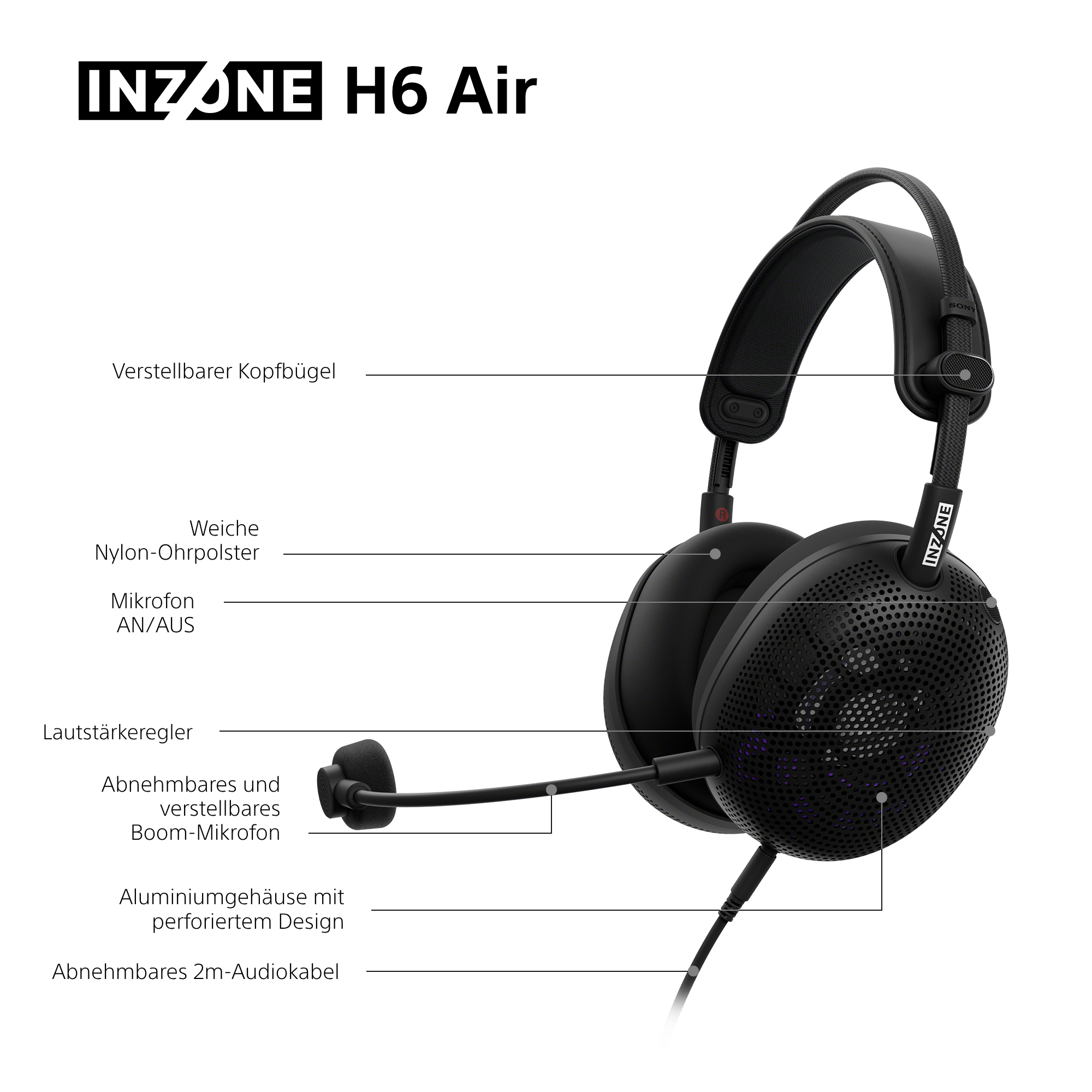 Schwarze Inzone H6 Air Kopfhörer mit Mikrofon und Kabel, auf weißem Hintergrund.