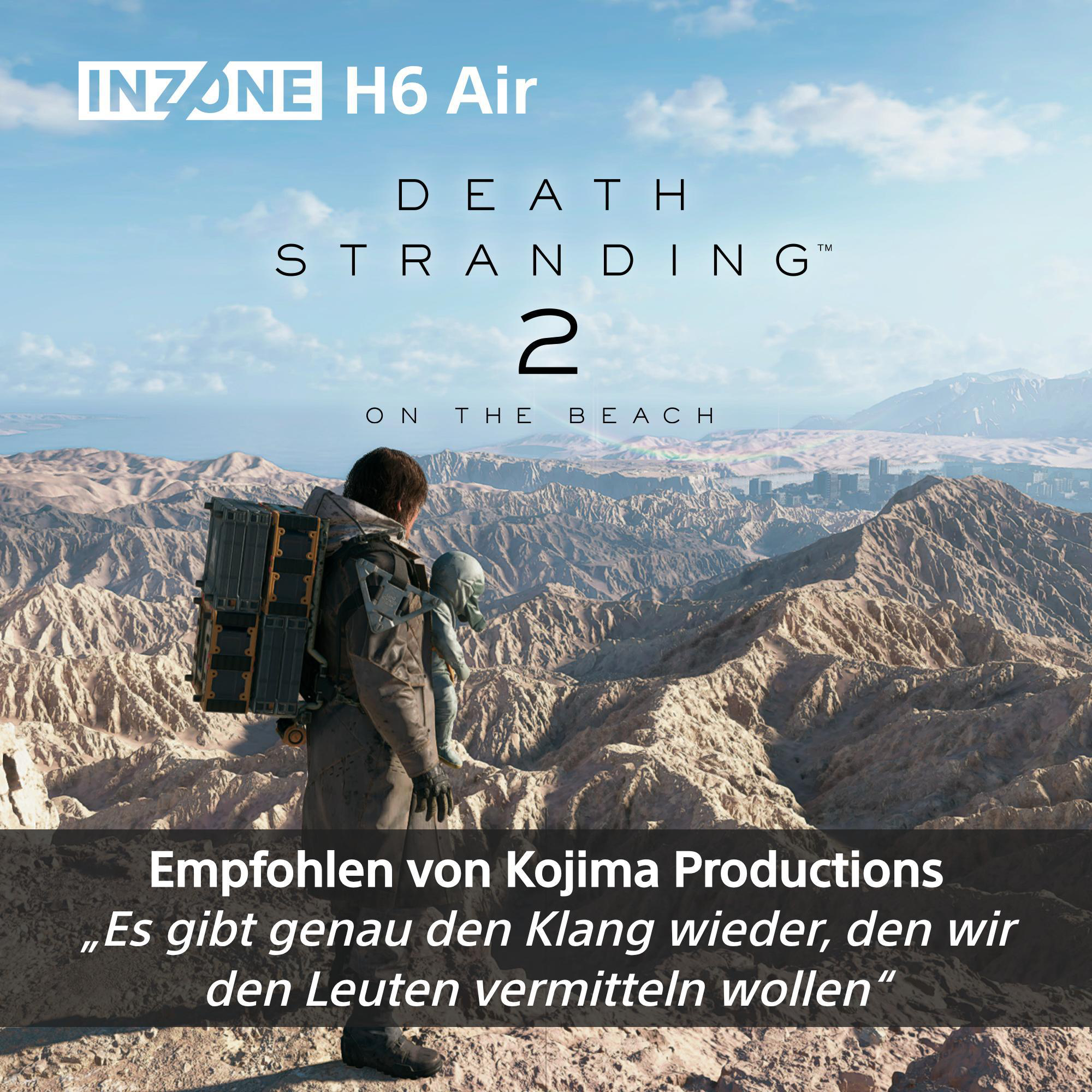 Mann mit Rucksack blickt auf bergige Landschaft. Spiel-Logo 'Death Stranding 2'.