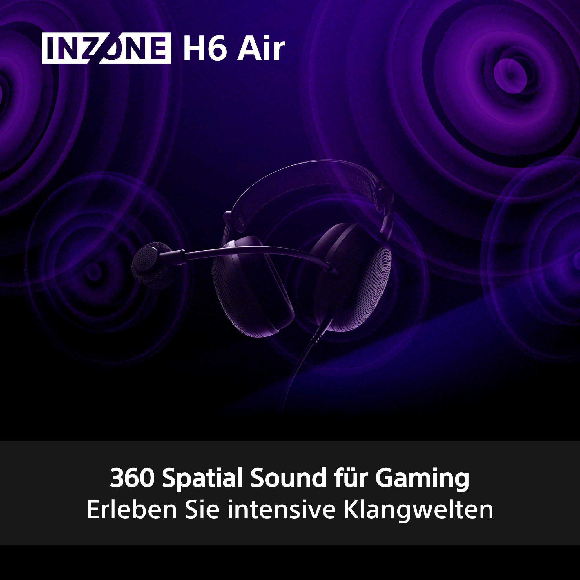 Schwarzer Kopfhörer mit Mikrofon vor lila Ringen. Text: INZONE H6 Air.