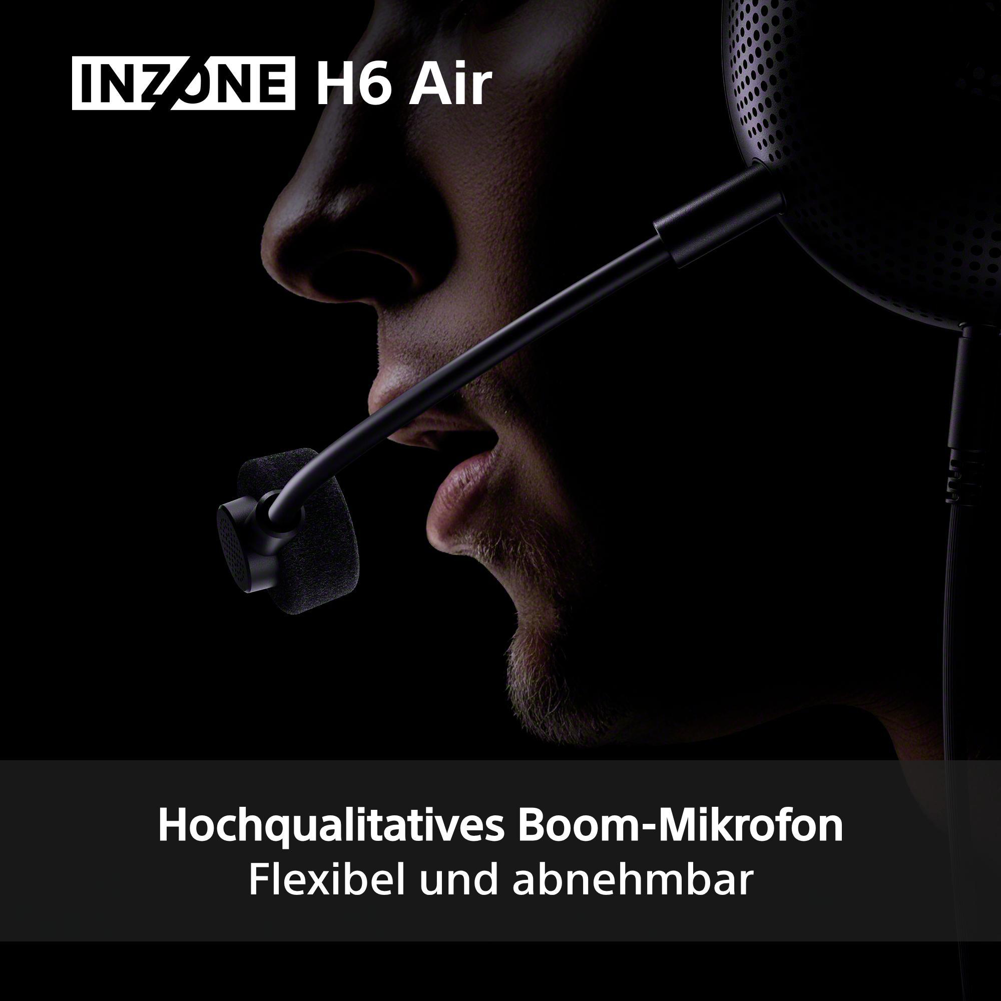 Nahaufnahme eines Gesichts mit Inzone H6 Air Headset und Mikrofon.