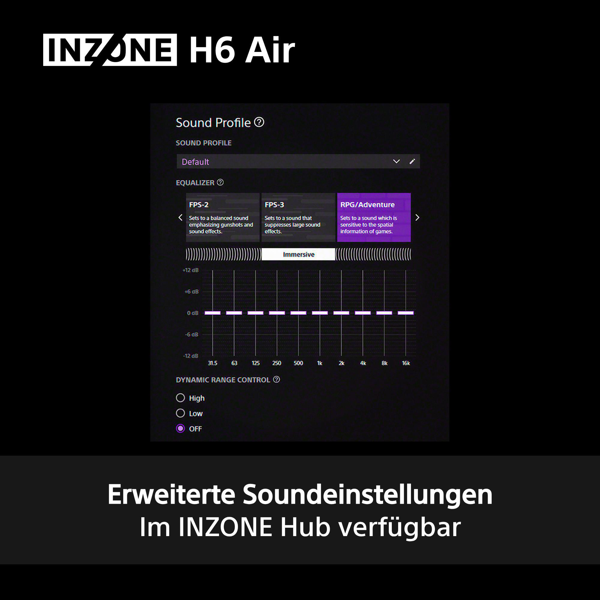 INZONE H6 Air: Soundeinstellungen mit Equalizer und Dynamikbereich.