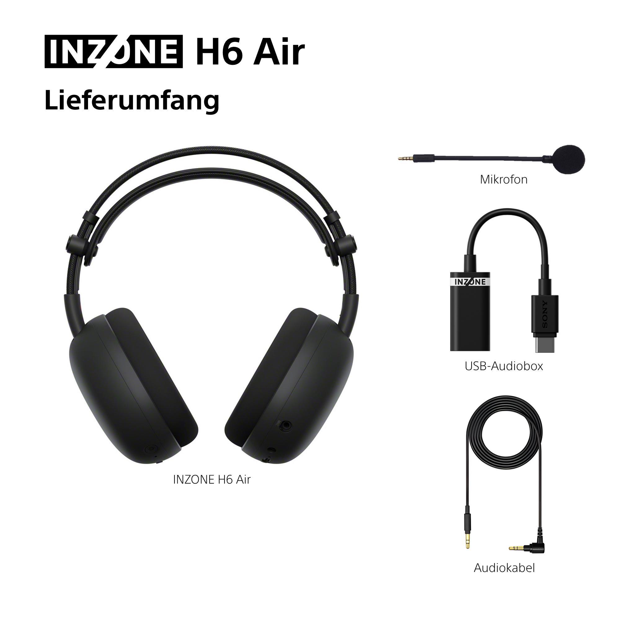 Schwarze Inzone H6 Air Kopfhörer mit Mikrofon, USB-Audiobox und Audiokabel.