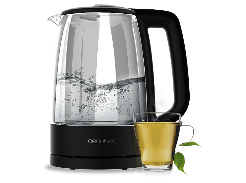 Hervidor de agua - Cecotec ThermoSense 320 Clear, 1,7 L, 2200 W, Vidrio borosilicato, Luz LED, Base 360º, Apagado automático, Negro