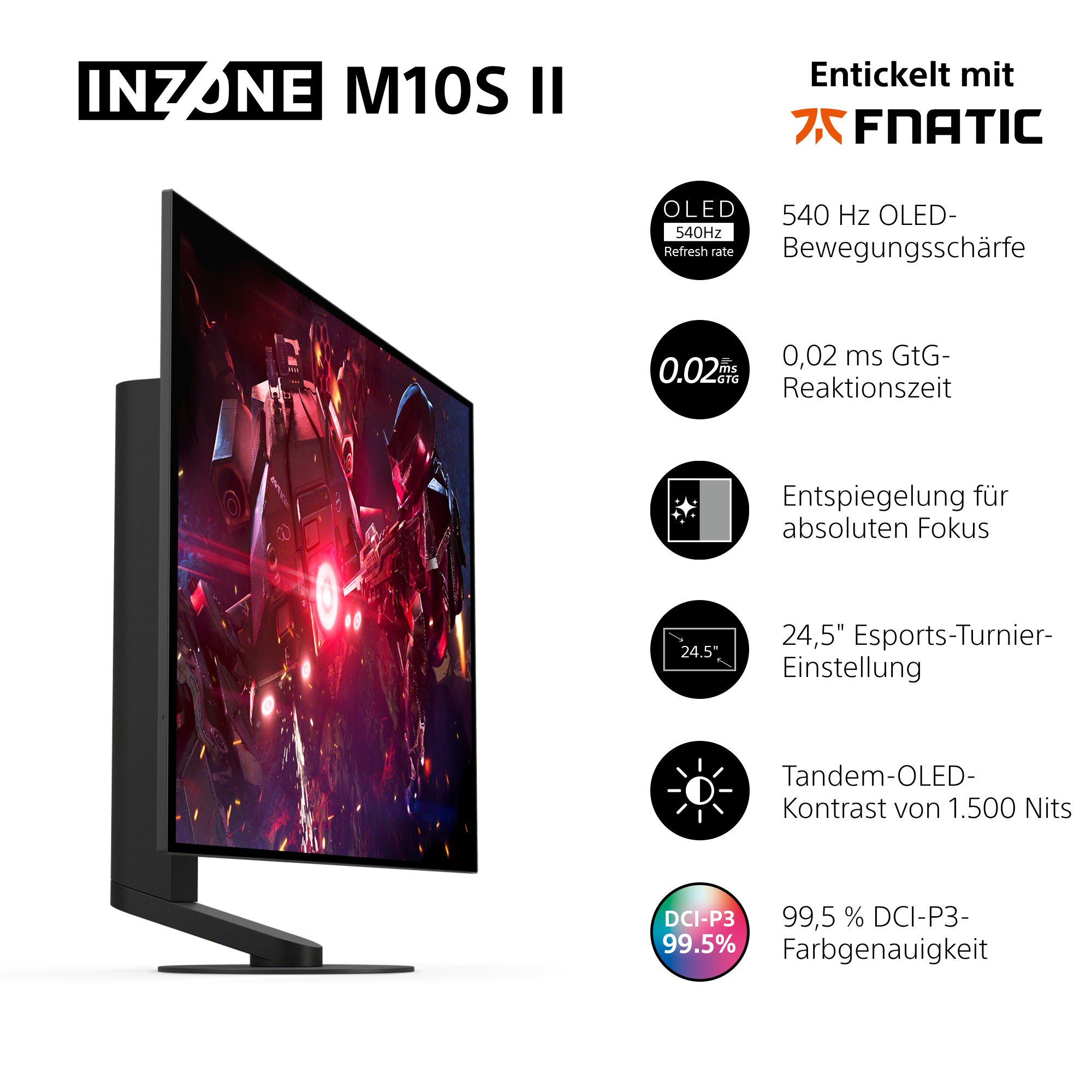 Ein Inzone M10s II Monitor mit gaming-Grafik, Fnatic Logo und technischen Daten.