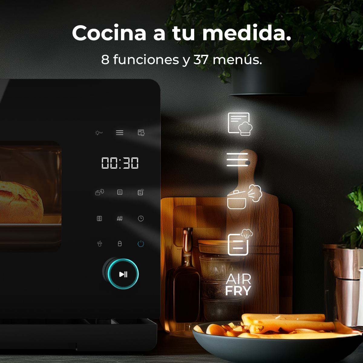 Un electrodoméstico negro con pantalla digital que muestra 00:30. Iconos brillantes al lado.