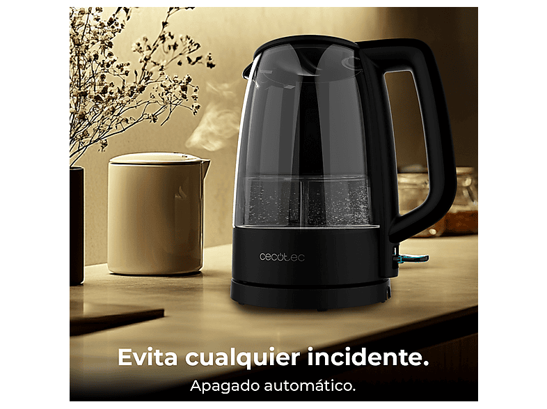 Hervidor de agua - Cecotec ThermoSense 320 Clear, 1,7 L, 2200 W, Vidrio borosilicato, Luz LED, Base 360º, Apagado automático, Negro – imagen 2