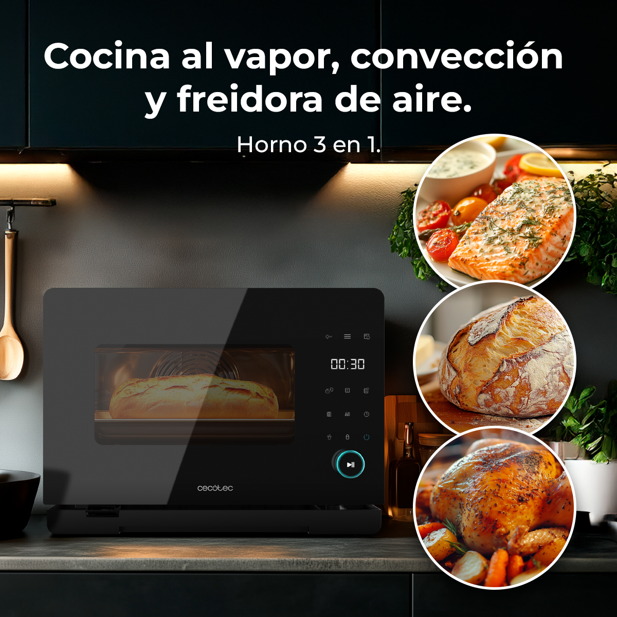 Un horno negro moderno con pan dentro y fotos de salmón, pan y pollo.