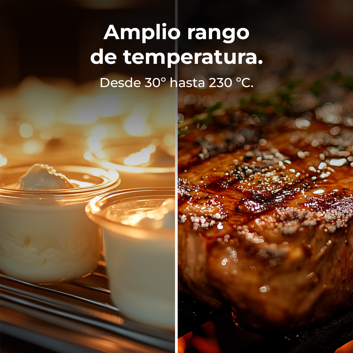 Imagen dividida: Izquierda postres cremosos en horno. Derecha filete a la parrilla.