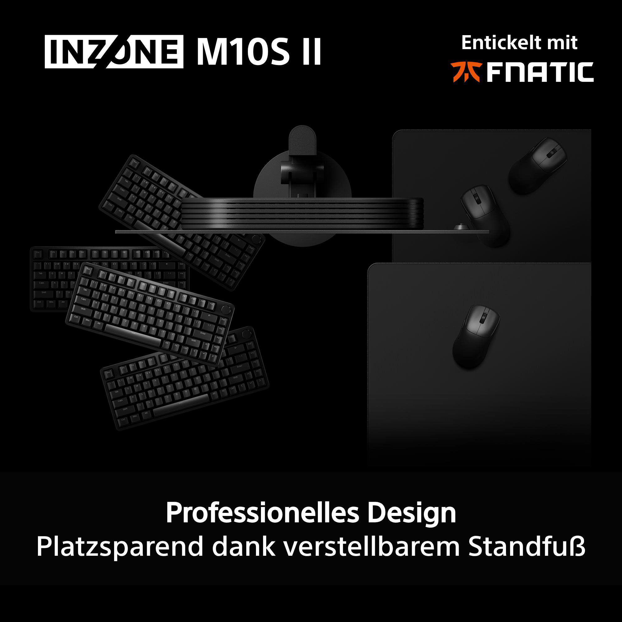 Schwarze Tastaturen und Mäuse auf schwarzem Hintergrund. INZONE M10S II.