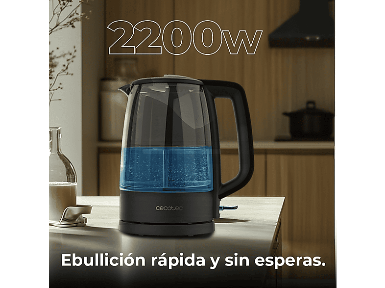 Hervidor de agua - Cecotec ThermoSense 320 Clear, 1,7 L, 2200 W, Vidrio borosilicato, Luz LED, Base 360º, Apagado automático, Negro – imagen 3
