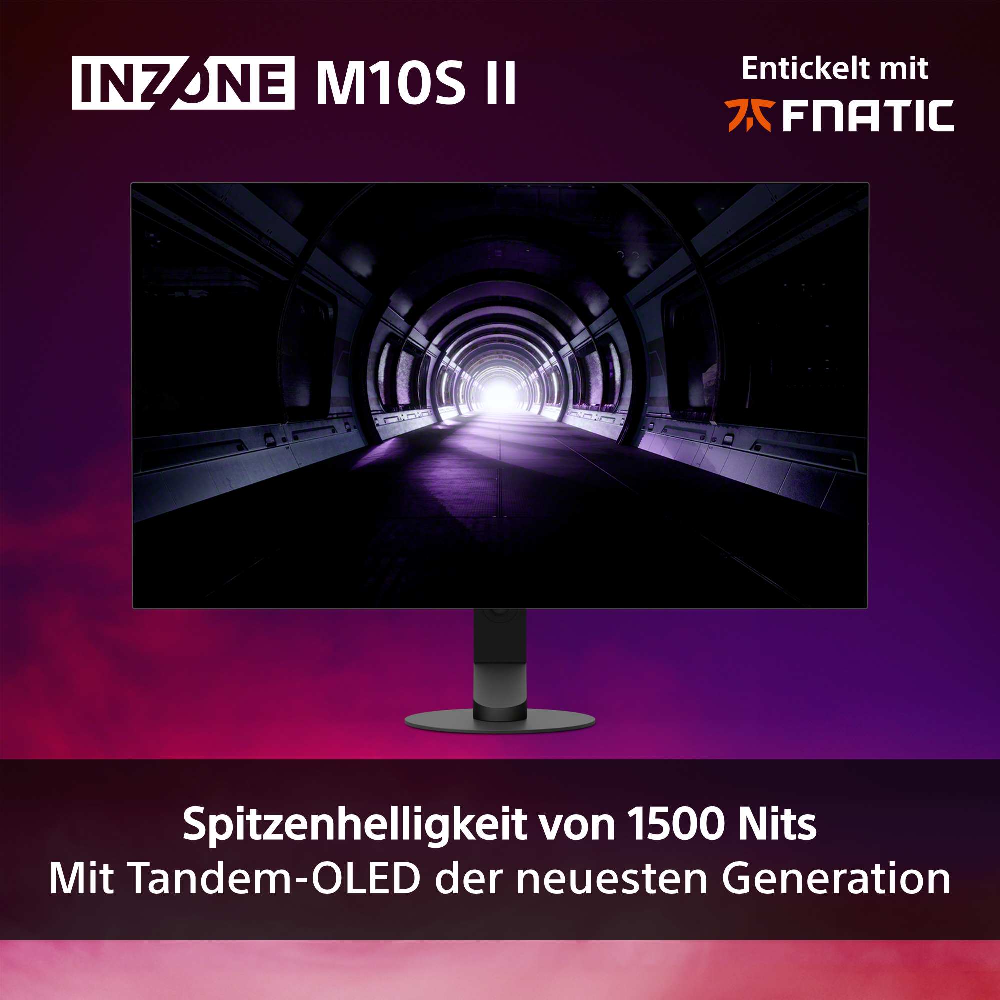 Ein Monitor mit einem futuristischen, beleuchteten Tunnelmotiv. Text oben: INZONE M10S II.