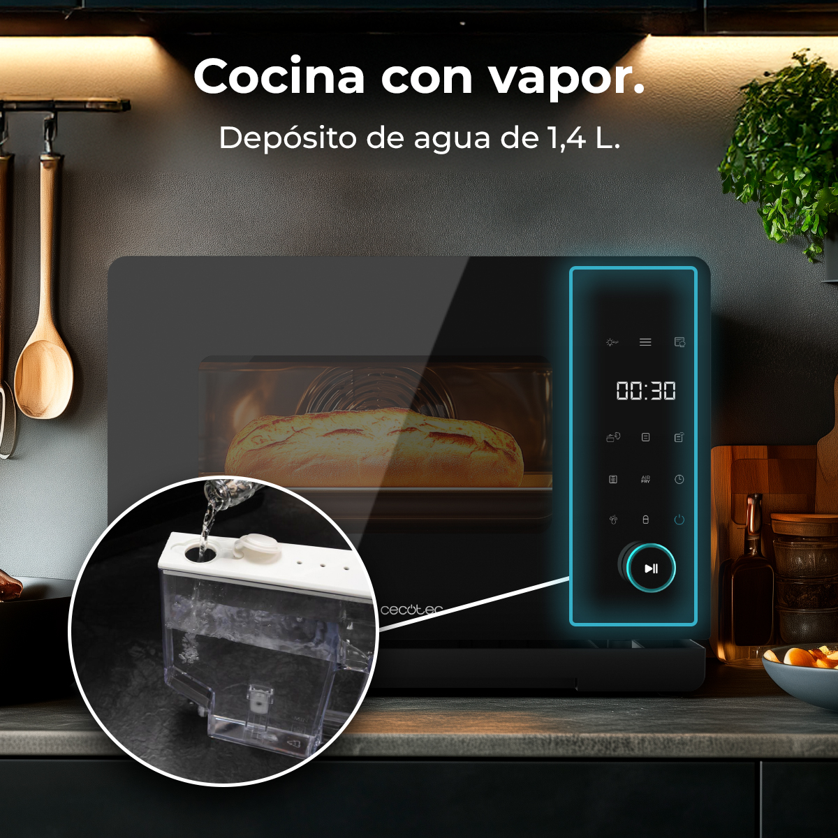 Un horno de vapor horneando pan, con un inserto de depósito de agua visible.