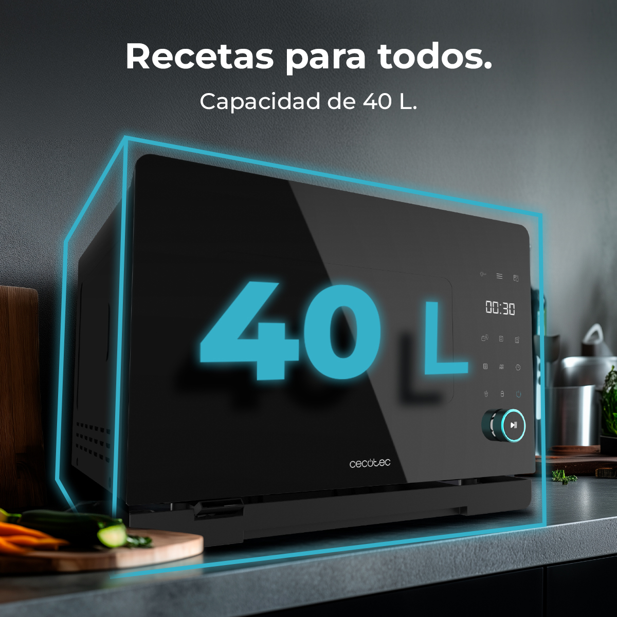 Un horno microondas negro de 40L en una encimera de cocina. Texto: Recetas para todos. Capacidad 40 L.
